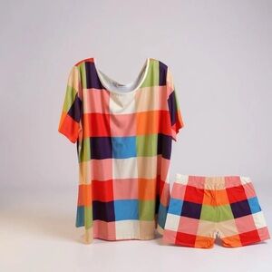 Rosegal Short Set White, Coral Blue Checkered Loungewear 3X